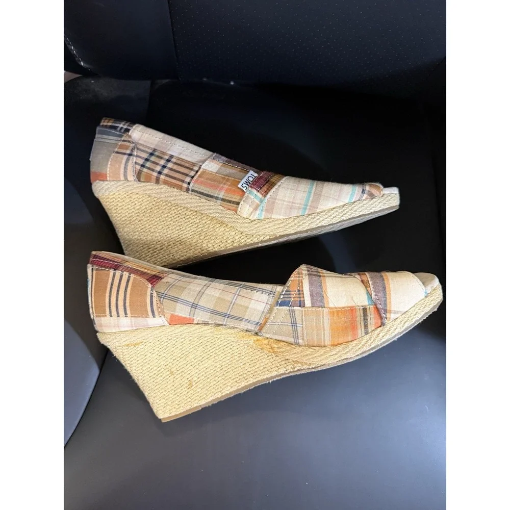 Toms Madras Plaid 10 Patchwork Espadrille Wedge Peep Toe Shoes boho